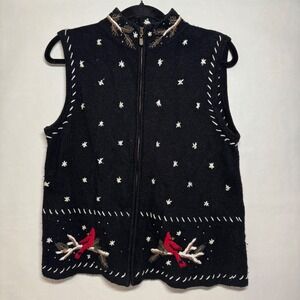 Vtg Wool Blend Christopher Banks Cardinal Hand Embroidered Zip Up Vest Winter M